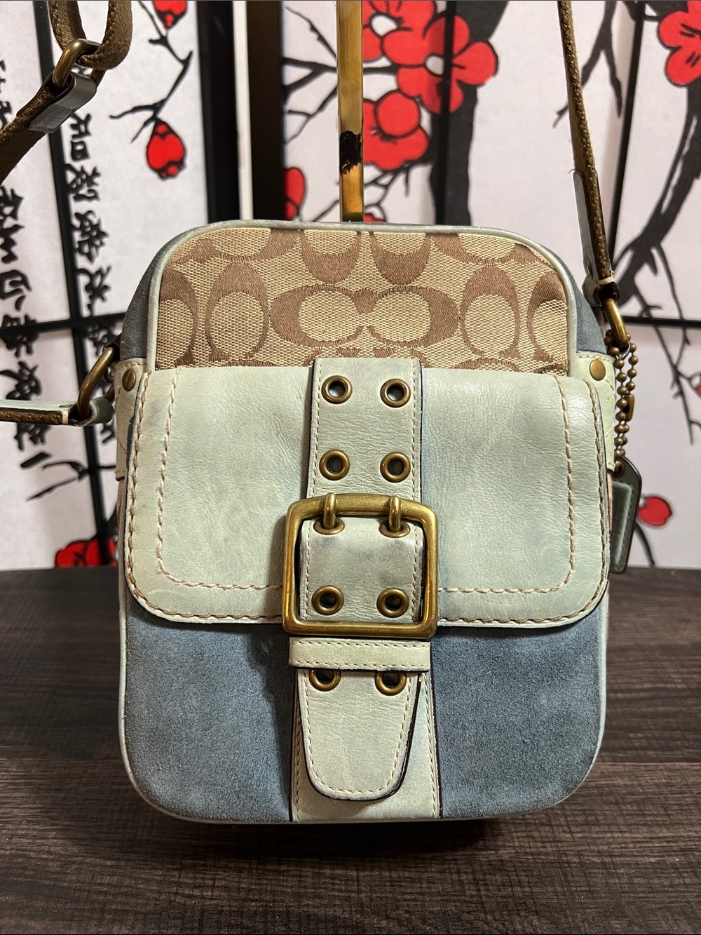 Coach Vintage Petite Patchwork Crossbody in Tan, Light Blue and Cream